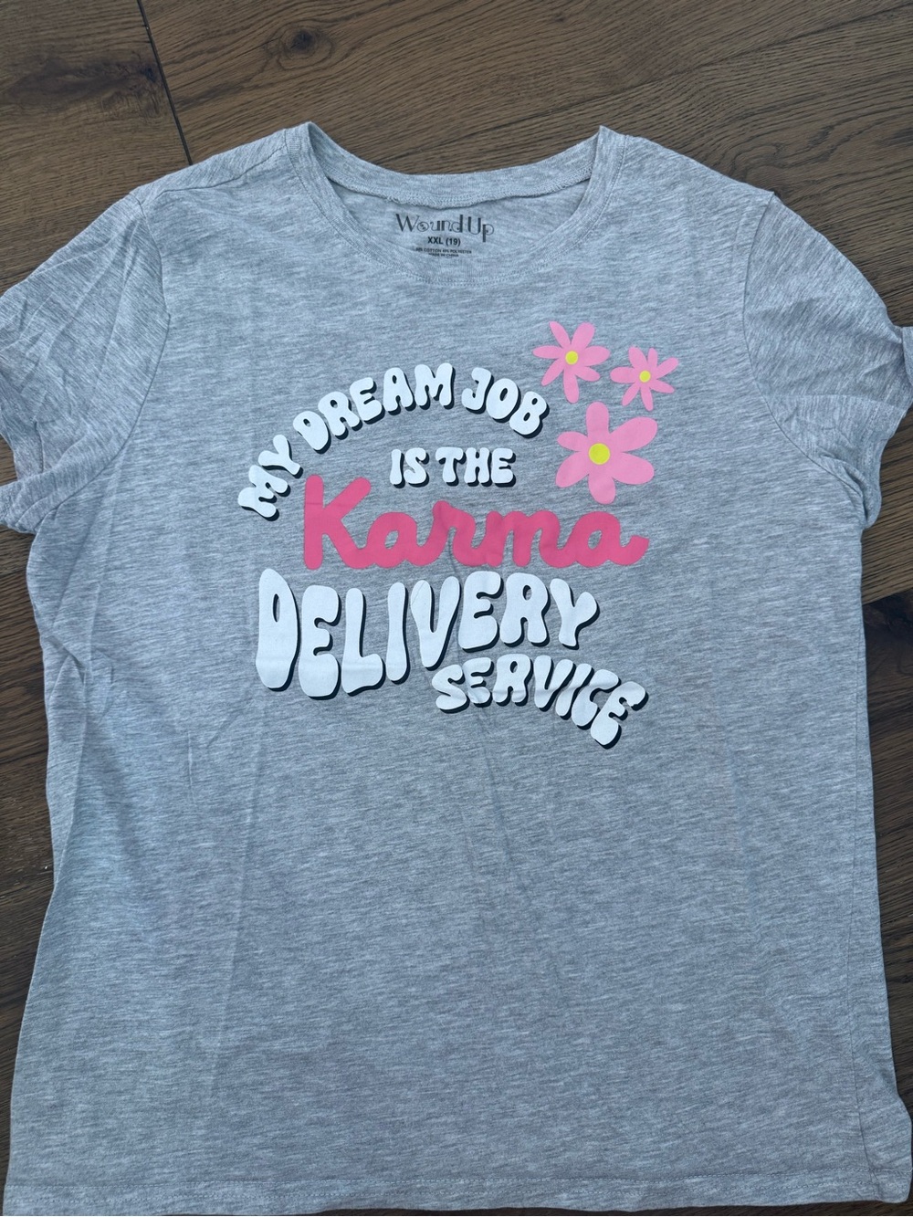 Wound Up Gray Tee with Pink 'Karma' Script & Flower Graphics